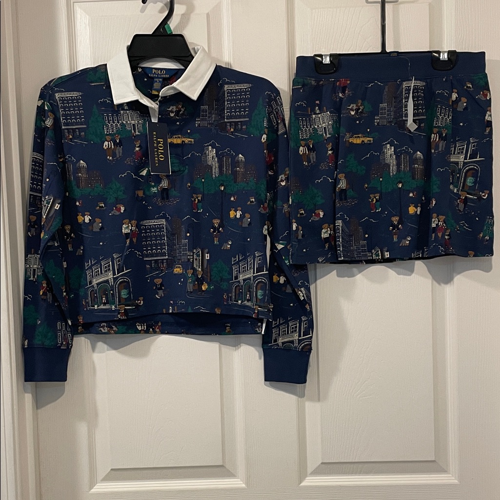 Ralph Lauren Girls Polo Bear Cotton Rugby Shirt & Skort Set New With Tags